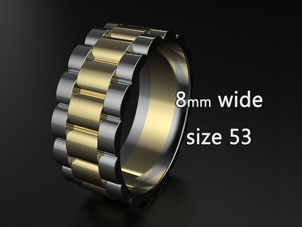 roll ex ring two tone 8mm wide size 53 rolex luxury watch jewel rings jewellery men fashion jewelry silver gold platinum sterling band wedding printable usa 3d print model - Mito3D