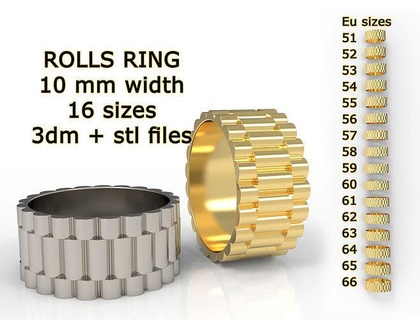 Rollen Ring 10 mm breit Rolex Luxus sehen Juwel Ringe Schmuck Männer Mode Silber Gold Platin Sterling Band Hochzeit 3d print model - Mito3D