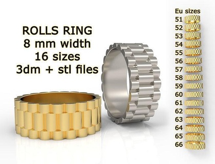 rolls ring 8 mm wide rolex luxury watch jewel rings jewellery men fashion jewelry silver gold platinum sterling band wedding 3d print model - Mito3D