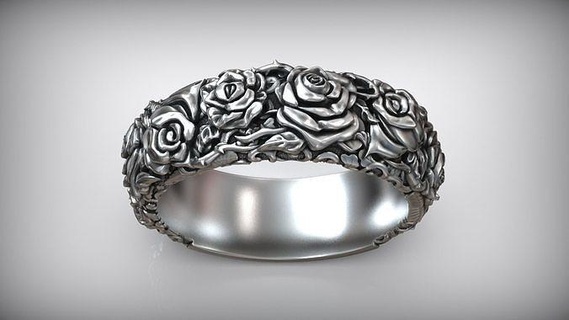 roses thorn pattern biker ring japanese brutal oxidized blackened flower ornament japan carving wedding band floral basrelief cnc milling j3ds decor jewelry rings 3d print model - Mito3D