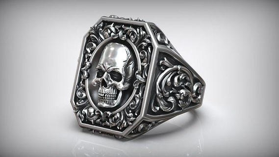 royal vintage skull rococo pattern signet king floral lily head men printable gothic antique brutal motorbike design jewelry making j3ds rings 3d print model - Mito3D