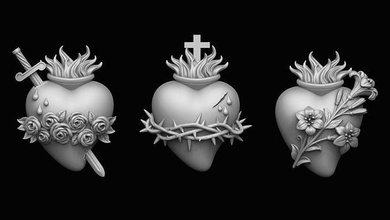 three sacred hearts heart immaculate chastate pure thorns crown lillies roses bible jesus religious catholic symbol christian rose joseph mary god art sculptures 3d print model - Mito3D