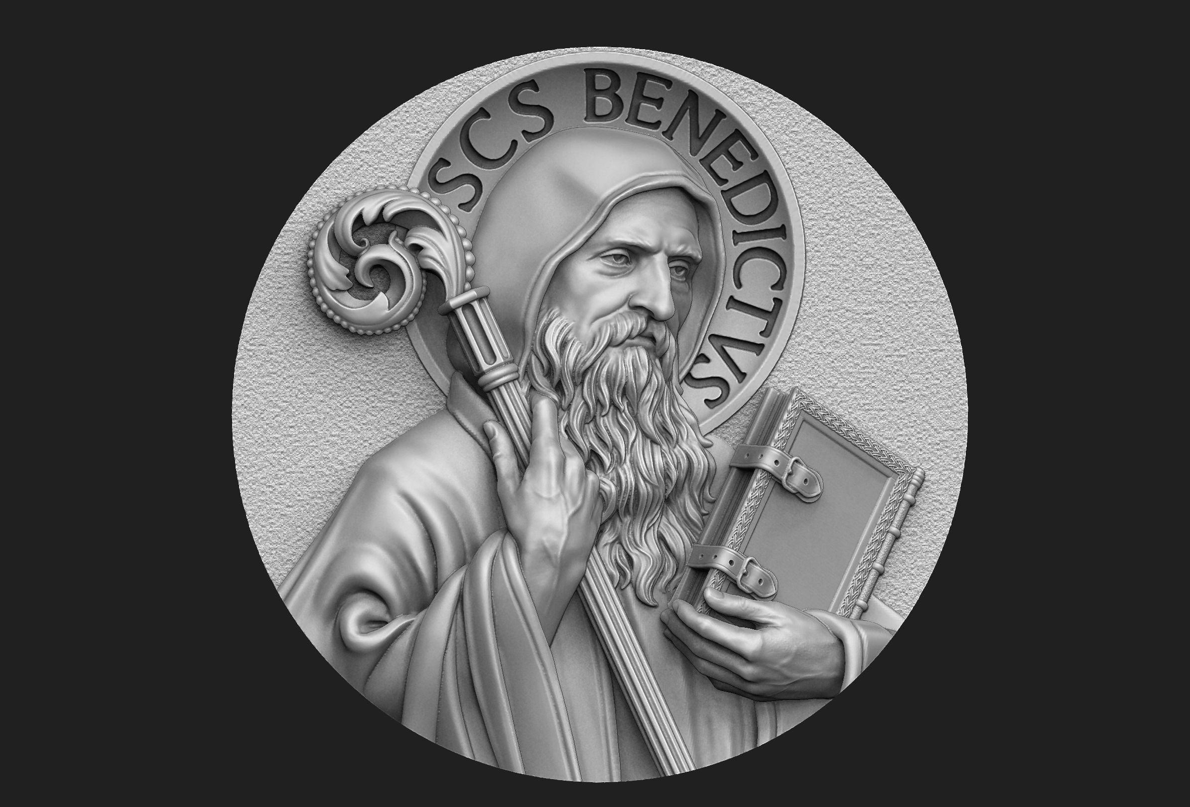 saint benedict medallion 2 catholic church bible st christian jewelery jewellery bas relief portrait benedictus art sculptures 3D print model - Mito3D