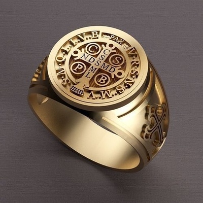 saint benedict ring jewelry gold printable luxury jewel talisman silver emblem exclusive holy luck rings 3d print model - Mito3D