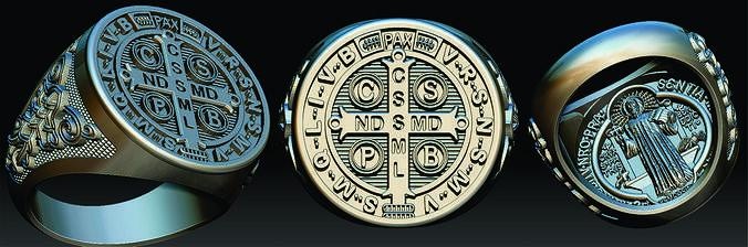 heilige benedikt ring anel sao bento kloster medaille pingente jesus maria katholisch heilig christus santo silber simbolo symbol allianz schmuck ringe 3d print model - Mito3D