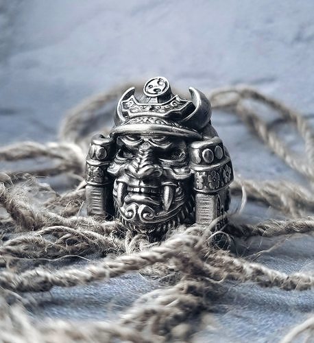 Samurai Kopf Ring Kunst Statue Korn Schmuck Juwelier Dekoration traditionell Skulptur Silber Ringe Keramik uralt Antiquität Figur Köpfe 3D print model - Mito3D