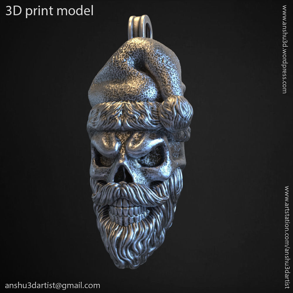 santa claus crâne vol1 pendentif bijoux le motard punk de style gothique christ les fêtes noël christainity d'argent la mode joyau ornement chapeau pendentifs chaîne collier barbe moustache coiffure barbu joker 3D print model - Mito3D