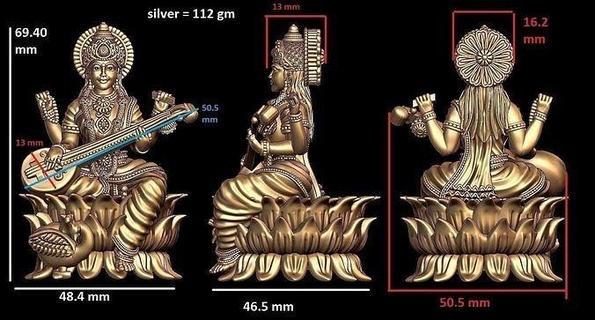 saraswati terra Dio idolo 3d modello pronto Stampa oro murti figura Bahgwan devi arte statua tradizionale scultura gioielleria ciondoli 3d print model - Mito3D