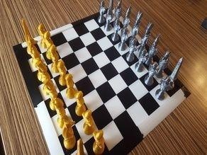 schachbrett checkered board on table chess schach game knight stylized horse king queen strategy rook mind games toys 3d print model - Mito3D