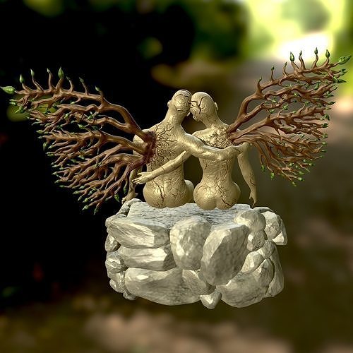 sentado couple roto alas pareja sentada Pareja Pobre mí ramas hojas naturaleza Roca piedra jardín modelado estatua Arte esculturas 3D print model - Mito3D