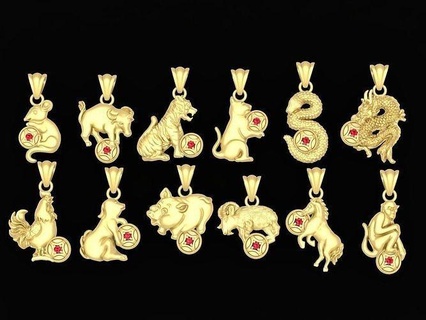 set 12 chinese zodiac female pendant 3596 jewelry fashion accessories gold diamond woman women new design fengshui pendants 3d print model - Mito3D