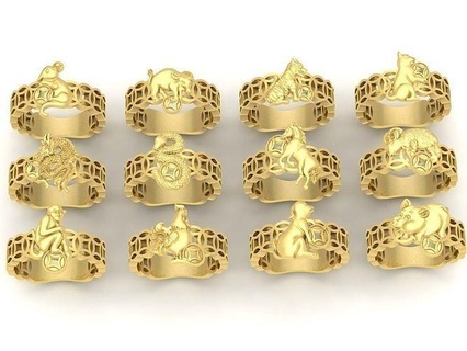 set 12 chinese zodiac female ring 3595 jewelry fashion accessories gold diamond woman women new design fengshui rings 3d print model - Mito3D