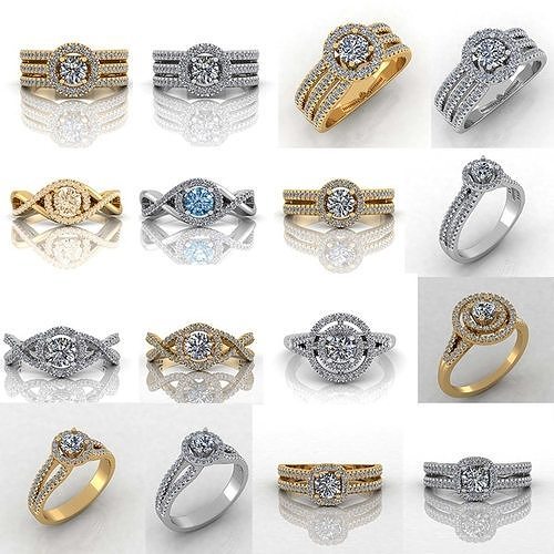 set 7 rings 3dm stl obj model 3d printing cnc ring jewelry gold silver diamond jewel jewellery printable fashion brilliant crown gem wedding beauty brillant diamant cad 3D print model - Mito3D