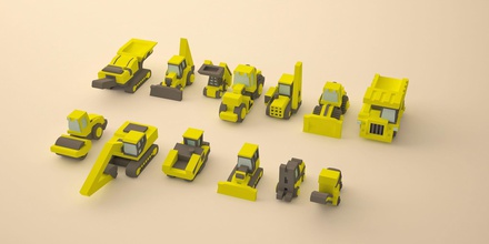 set of construction machinery low-poly project komatsu tractor lift truck excavator bomag bulldozer stone crusher gara pagos games toys 3d print model - Mito3D