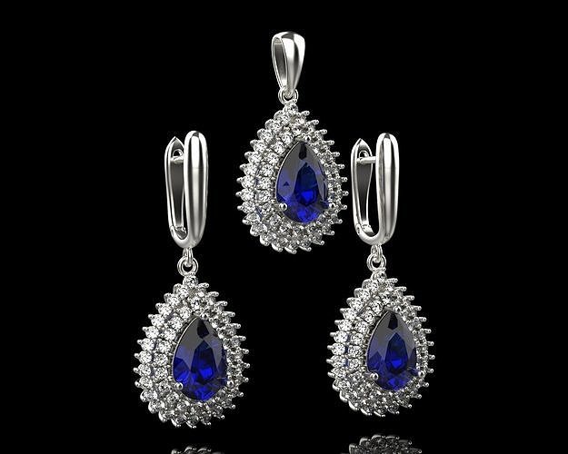 ensemble boucles d'oreilles pendentif saphir 45 luxe bijoux or diamant engagement mariage gemme topaze grenat bijou brillant accessoire argent 3D print model - Mito3D