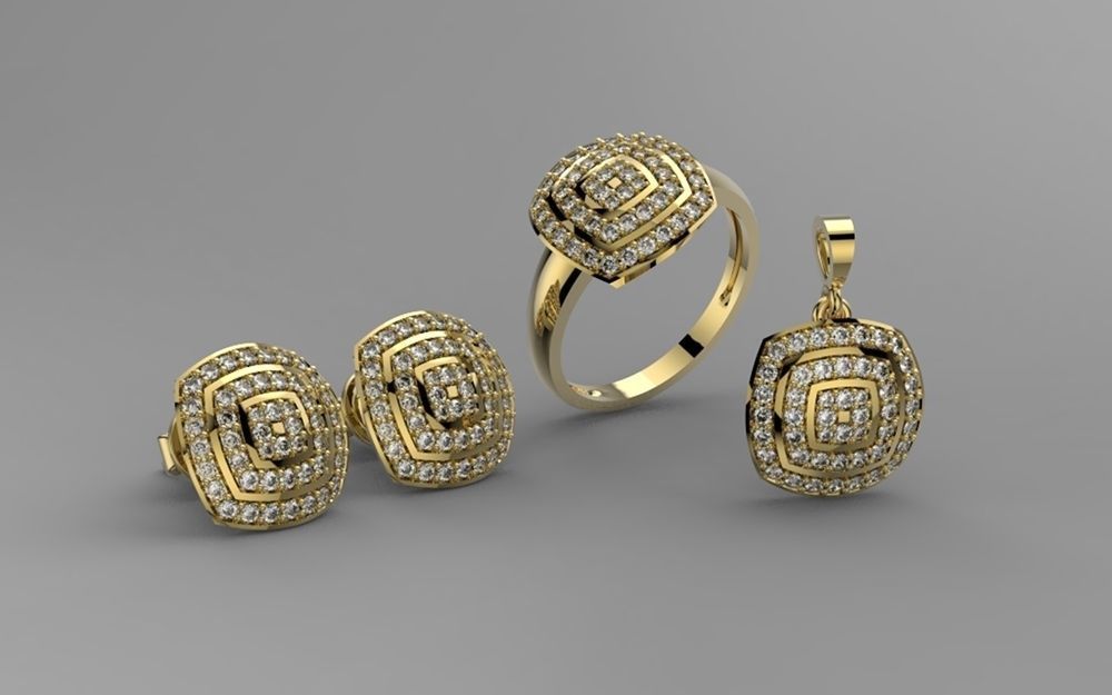 conjunto joalheria ouro anel cúbico zircônia jóia jóias moda diamante prototipagem brinco pingente colar imprimível projeto aneis brincos pingentes joias 3d brilhante beleza diamantado 3D print model - Mito3D