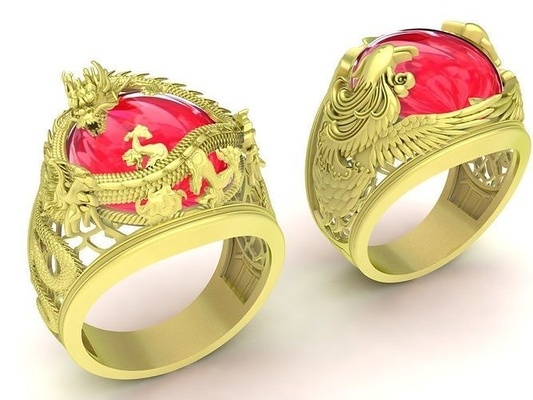 ensemble ovale rubis chinois dragon phénix bague 3871 bijoux mode accessoires or diamant homme hommes conception anneaux 3d print model - Mito3D