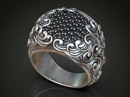 sigillo squillare ondulato modello spianare gemme ambientazione onde diamante gioielleria onda argento anelli oro stampabile acqua mare 3d print model - Mito3D