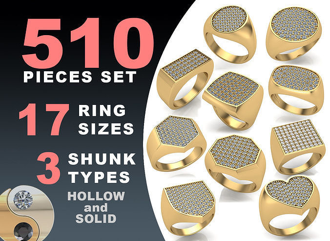 signet rings 10 shapes set hollow sterling cushion gem diamond square rectangle round ellipse heart hexagon octagon printable pack fashion gold jewelry 3D print model - Mito3D