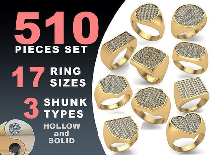 mühür yüzükler 10 şekiller Ayarlamak oyuk sterlin Yastık mücevher elmas Meydan dikdörtgen yuvarlak elips kalp altıgen sekizgen yazdırılabilir paketlemek moda altın takı 3d print model - Mito3D