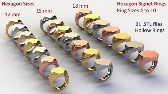 signet rings hexagon 12 - 15 18 mm jewel jewelry jewelery jewellery printable ring gold silver pack package fashion jeweler beauty 3d print model - Mito3D