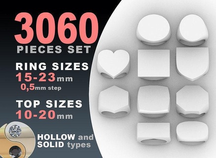 signet rings set 10 shapes 3060 pieses mega pack round ellipse square rectangle cushion hexagon octagon heart heraldic shield blank gold hollow silver jewelry fashion 3d print model - Mito3D