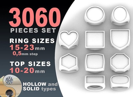 signet rings set 10 shapes 3060 pieses mega pack round ellipse square rectangle cushion hexagon octagon heart heraldic shield blank gold hollow silver jewelry fashion 3d print model - Mito3D