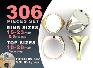 signet rings set elipse ring jewelry silver printable fashion pack prototyping jewel oval hollow blank gold jewellery cad package quare platinum 3d print model - Mito3D