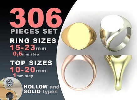 signet rings set ellipse top ring square jewelry silver printable fashion pack prototyping jewel oval elipse hollow blank gold jewellery cad 3d print model - Mito3D