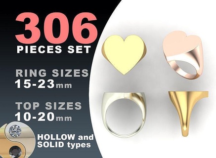 signet rings set heart top ring elipse jewelry silver printable fashion pack prototyping jewel oval hollow blank gold jewellery cad package platinum 3d print model - Mito3D