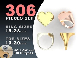 signet rings set heart ring elipse jewelry silver printable fashion pack prototyping jewel oval hollow blank gold jewellery cad package platinum 3d print model - Mito3D
