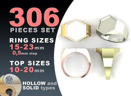 signet rings set hexagon top ring elipse jewelry silver printable fashion pack prototyping jewel oval hollow blank gold jewellery cad package platinum 3d print model - Mito3D