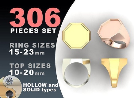signet rings set octagon top ring elipse jewelry silver printable fashion pack prototyping jewel oval hollow blank gold jewellery cad package platinum 3d print model - Mito3D