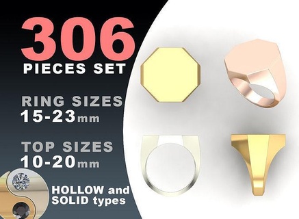 sceau anneaux ensemble octogone bague élipse bijoux argent imprimable mode pack prototypage bijou ovale creux Vide or goujat paquet platine 3d print model - Mito3D