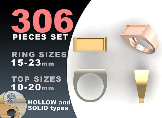 signet rings set rectangle ring elipse jewelry silver printable fashion pack prototyping jewel oval hollow blank gold jewellery cad package platinum 3d print model - Mito3D