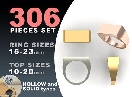signet rings set rectangle top ring elipse jewelry silver printable fashion pack prototyping jewel oval hollow blank gold jewellery cad package platinum 3d print model - Mito3D