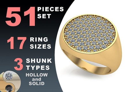 signet rings set round top jewelry gold silver jewel printable jewellery fashion prototyping pack hollow sterling cushion gem diamond shield 3d print model - Mito3D