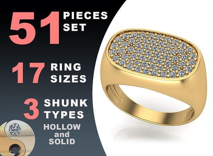 sigillo anelli impostato arrotondato piazza superiore gioielleria oro argento gioiello stampabile moda prototipazione giro pacco cavo sterlina cuscino gemma diamante 3d print model - Mito3D