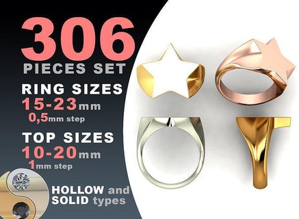 signet rings set star top ring jewelry silver printable fashion pack prototyping jewel hollow blank gold jewellery cad package platinum heart 3d print model - Mito3D