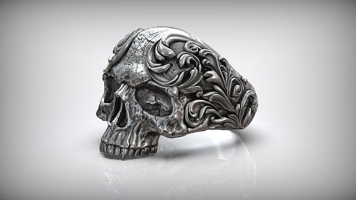 plata cráneo oxidado anillo barroco estilo hombres hombre joyería joya gótico antiguo floral patrón brutal 925 libra esterlina impresión j3ds cnc molienda cera tallado anillos 3d print model - Mito3D