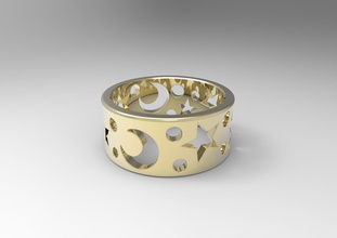 sencillo anillo luna estrellas imprimible stl 3dm anillos boda banda diamante joyería joya oro plata platino moda enamorado clásico regalo 3d print model - Mito3D