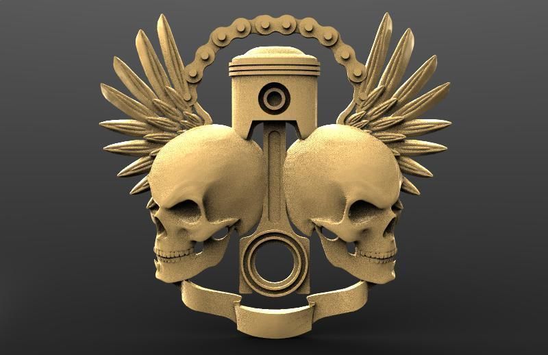 skul pistons 3 bas-relief skull piston bas relief cnc router art harley moto motorcyclist biker signs logos 3D print model - Mito3D