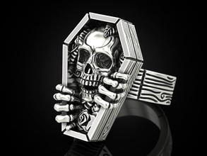skull coffin ring print 3dprinted jewellery printable printing prototyping silver biker blackening texture rozy tsvety derevo roses flowers jewelry rings 3d print model - Mito3D