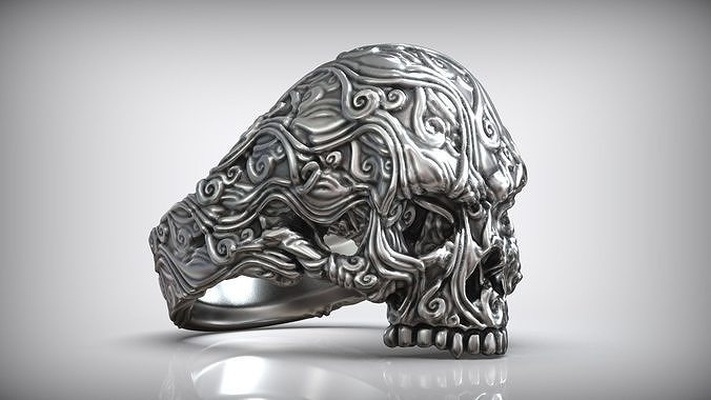 skull head sea wave pattern ring japanese traditional ornament japan oceanic men exclusive silver printable brutal biker motor bike blackened jewelry making bones rings 3d print model - Mito3D