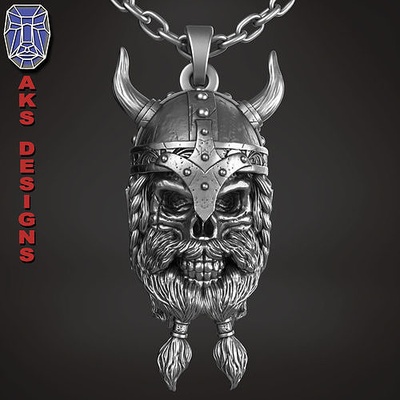 schädel anhänger schmuck uralt wikinger krieger v1 juwel biker mode fahrer punk helm organisch bart schnurrbart spartanisch mittelalterlich könig rüstung halloween wütend skelett 3d print model - Mito3D