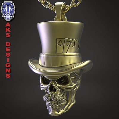 cráneo colgante pendiente joyería joya mago v1 motociclista jinetes punk hechicero nigromante hombre encantador sombrero gorra bigote soportado tarjetas póker payaso bufón colgantes 3d print model - Mito3D