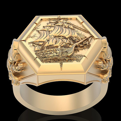 crâne pirate navire bague argent or imprimable bijoux 3d modèle anneaux conception zbrush tendance mode fantaisie mariage Hommes ancre capitaine 3D print model - Mito3D