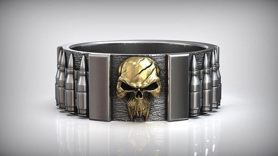skull punisher ring fan art bandolier oxidized silver ammo gold inlay skeleton cracked band cartridges jewelry making grin j3ds silversmith cnc milling stl movie rings 3d print model - Mito3D