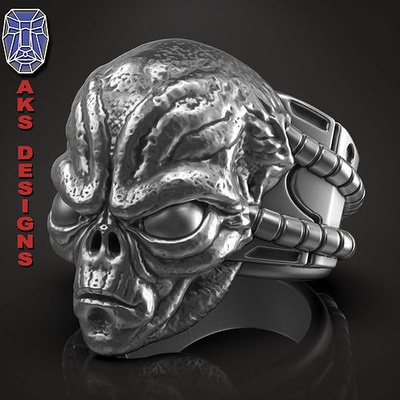 schädel ring schmuck außerirdischer v1 juwel biker fahrer punk ringe außerirdisch humanoid kreatur sci fi fantasie tier reptil dämon monster platz 3d print model - Mito3D