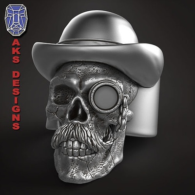 schädel ring schmuck herren 1 juwel biker gang verein fahrer punk schick anhänger ringe hut cowboy majestätisch mantel brille schnurrbart weste 3d print model - Mito3D